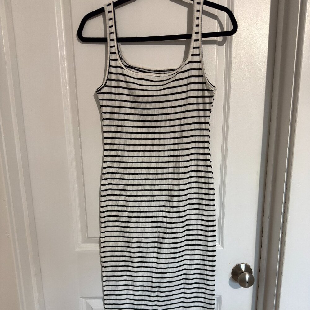 BLACK WHITE STRIPED MIDI BODYCON DRESS RIBBED SIDE SLIT TANK L